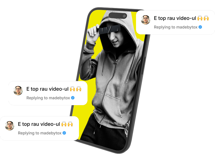 Instagram review comments around a phone showing a madebytox video